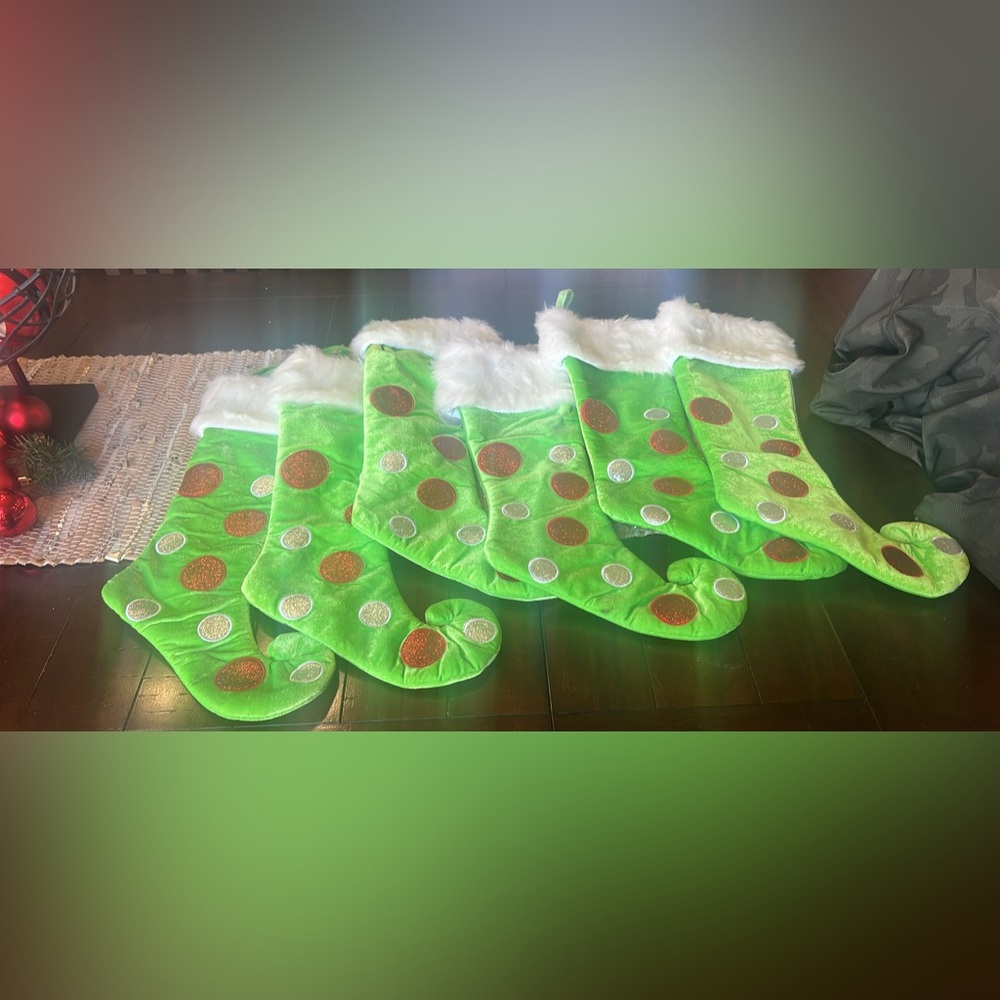 6 Green Christmas Stockings with Polka Dots